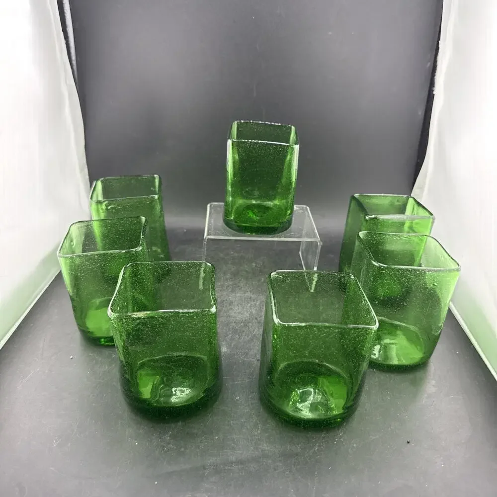 Mexican Hand Blown Green Glass Tumblers Set of 7 Square Seeded
